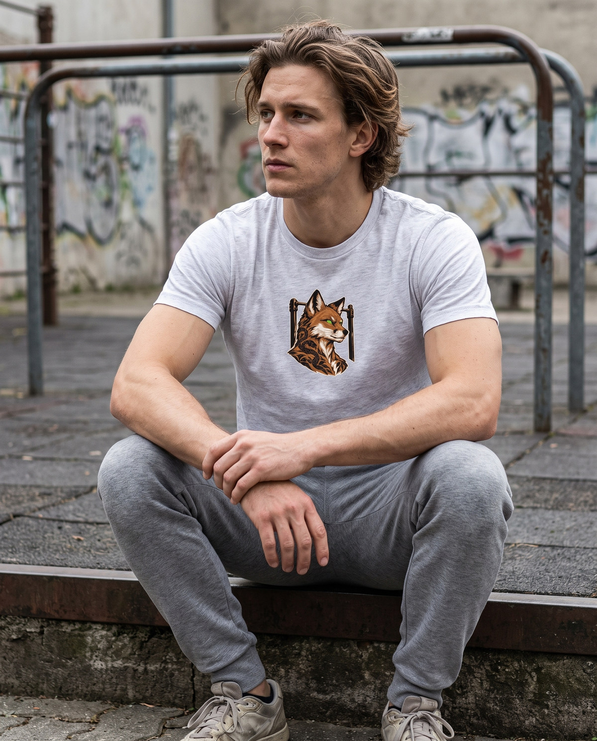 Kitsune Pocket T-Shirt sitzend auf Betonkante