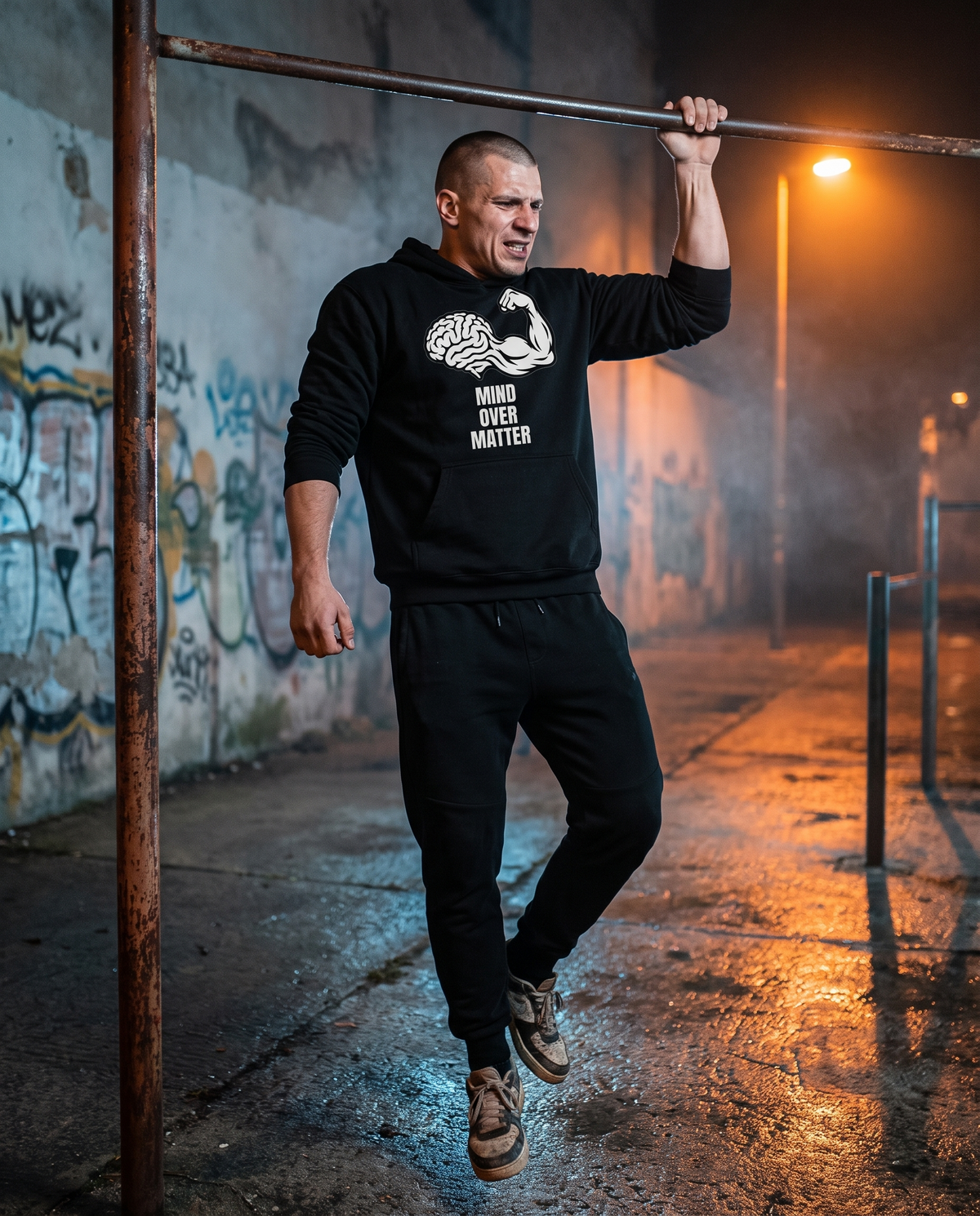 Mind Over Matter Hoodie beim Klimmzug