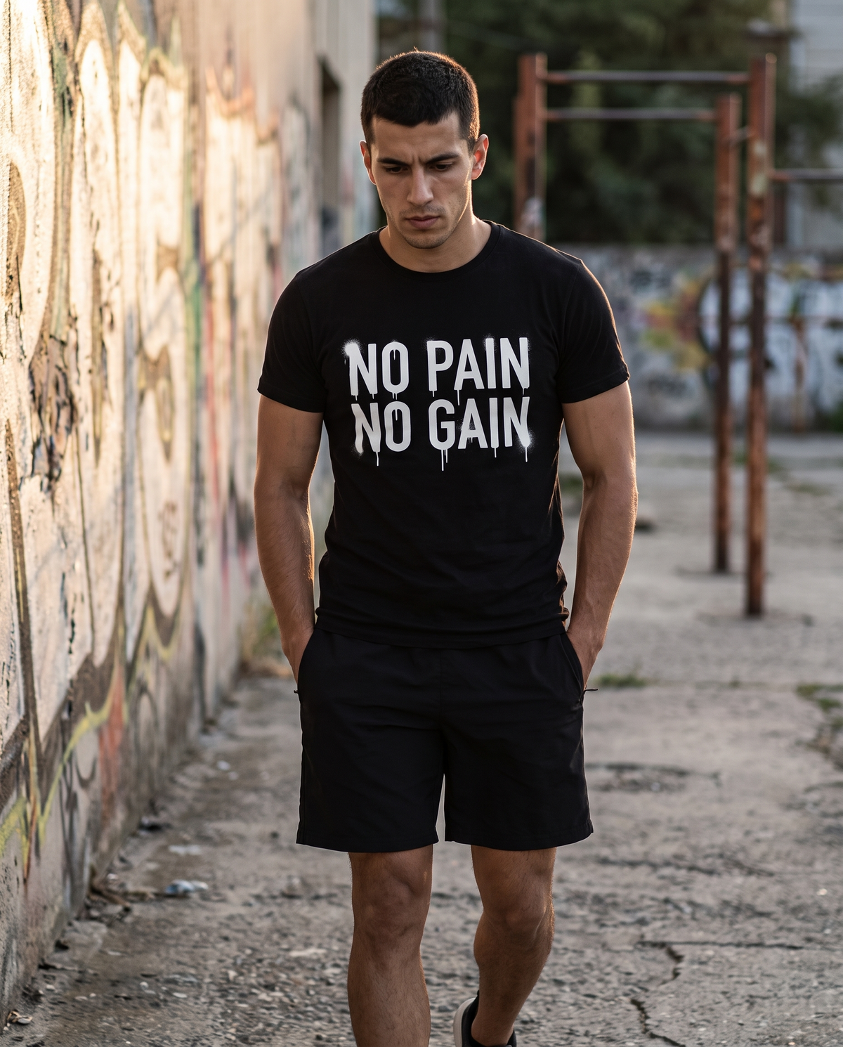 No Pain No Gain T-Shirt vor Graffiti-Wand