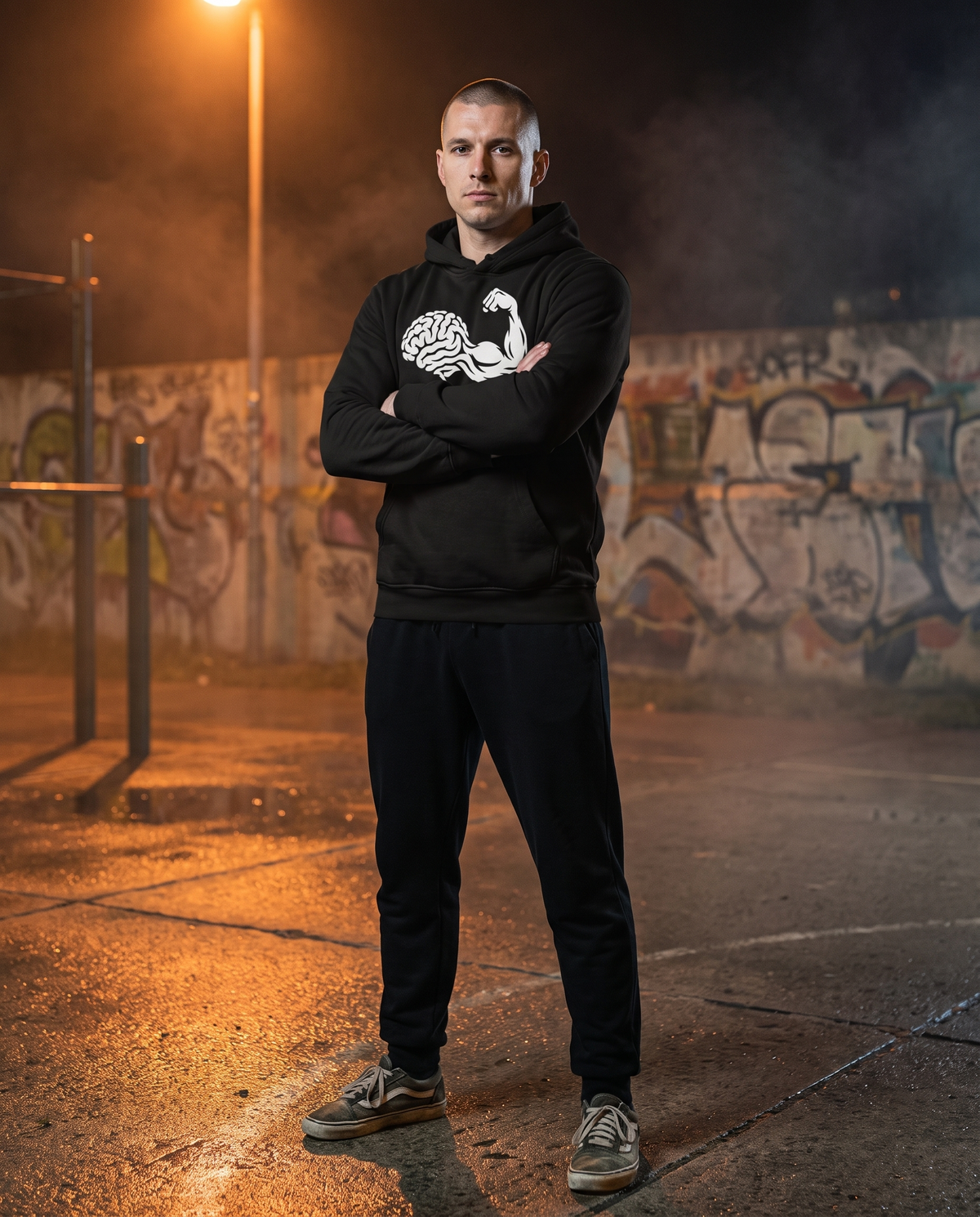 Mind Over Matter Hoodie nachts im Street-Workout-Park