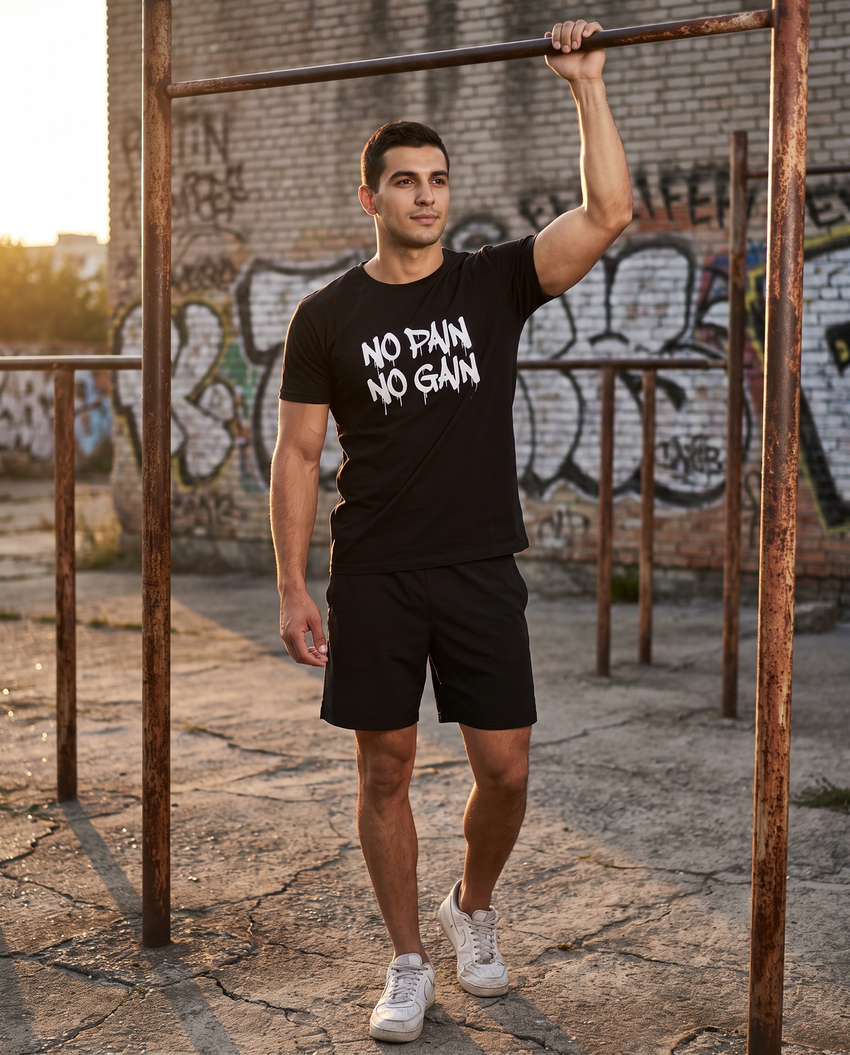 No Pain No Gain T-Shirt am Klimmzugstangen-Park im Sonnenuntergang